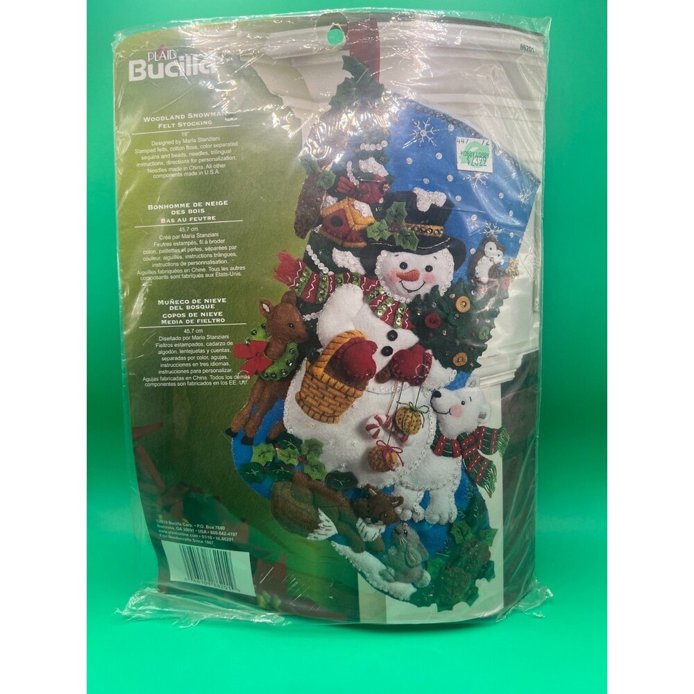 Bucilla WOODLAND SNOWMAN FELT  Stocking Kit-86201/2010; Tri-lingual instructions
